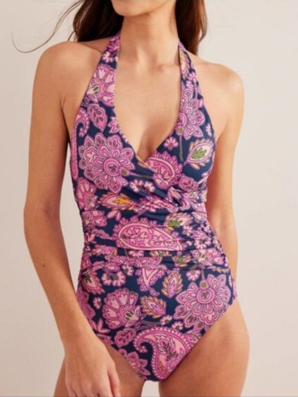 NWOT Boden Levanzo Ruched Halter Navy Paisley Terrace One-piece Swimsuit